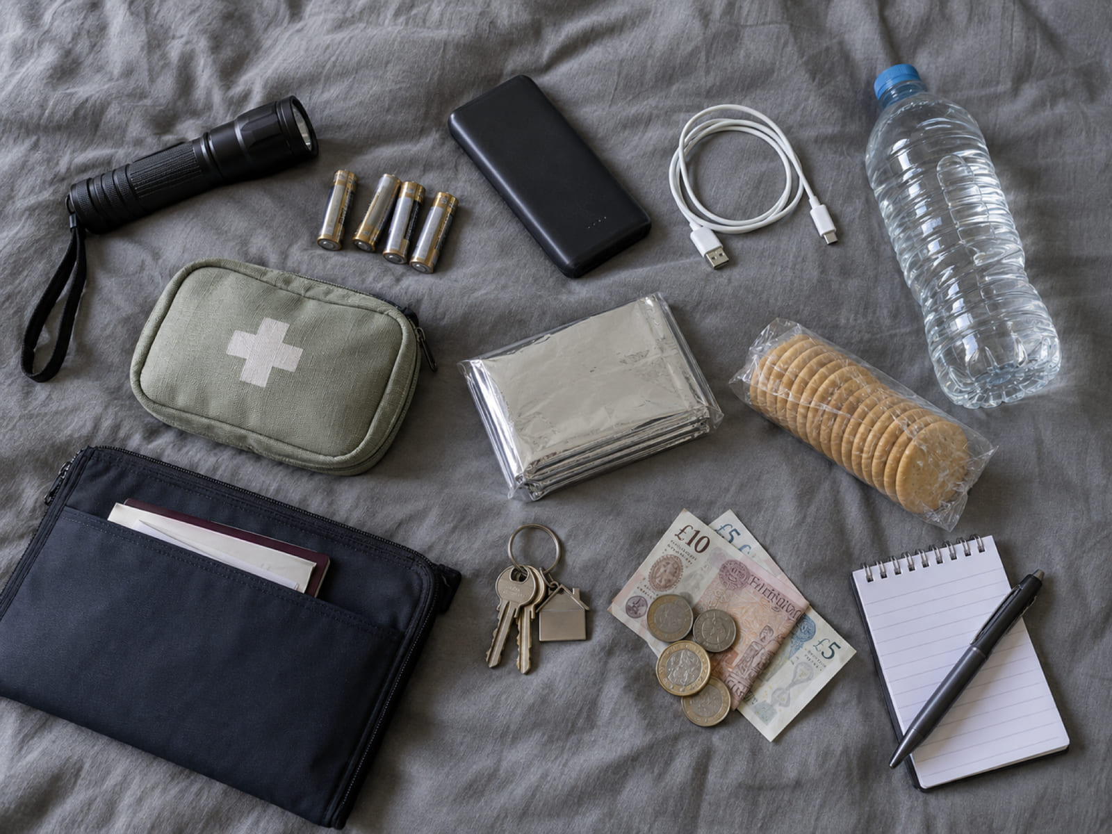 The contents of a household grab bag laid out on a grey duvet: torch, batteries, power bank and cable, first aid pouch, document wallet, foil blanket, water, biscuits, keys, cash, notepad and pen.