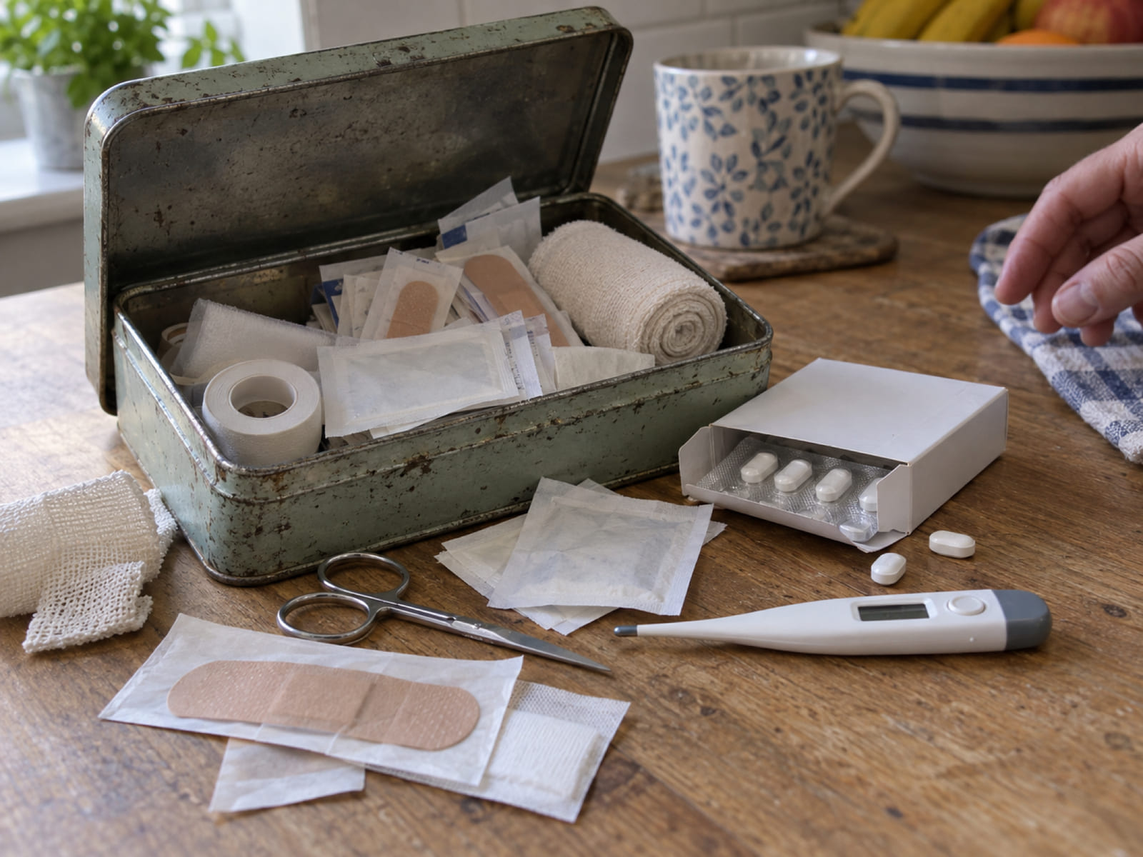 An old household first aid tin open on a kitchen table, plasters, a bandage roll, tape, scissors, a thermometer and painkillers tipped out beside it.