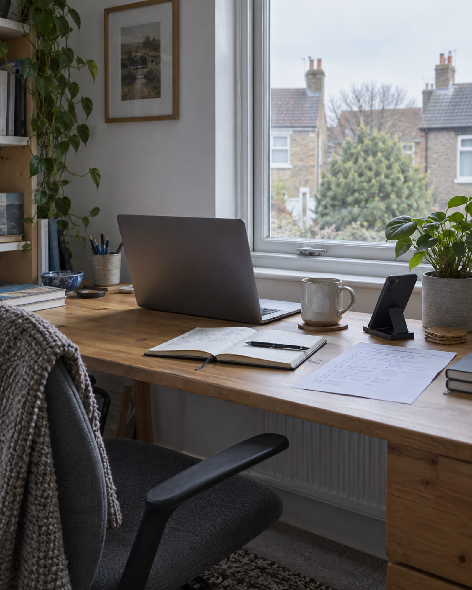 A home-office desk by a window in a British house: laptop, open notebook, a mug, a phone on a stand and a printed checklist with pen marks on it.