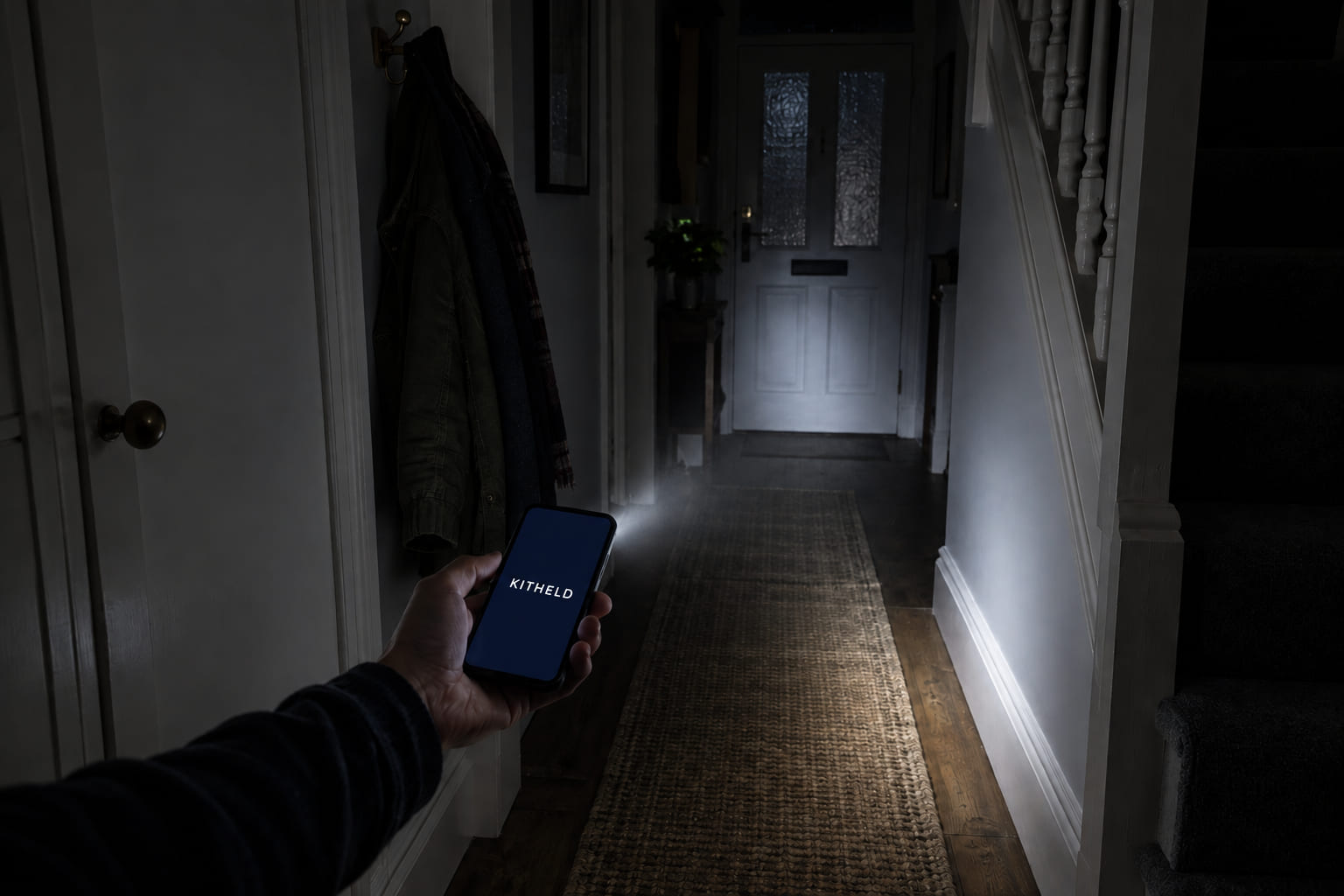 A British hallway during a power cut at night, lit by a phone torch, the KITHELD app on screen.